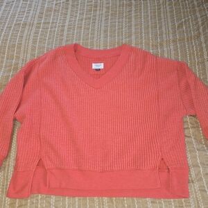 Women's American Eagle Outfitters Coral V-Neck Waffle Knit Sweater XS Oversized